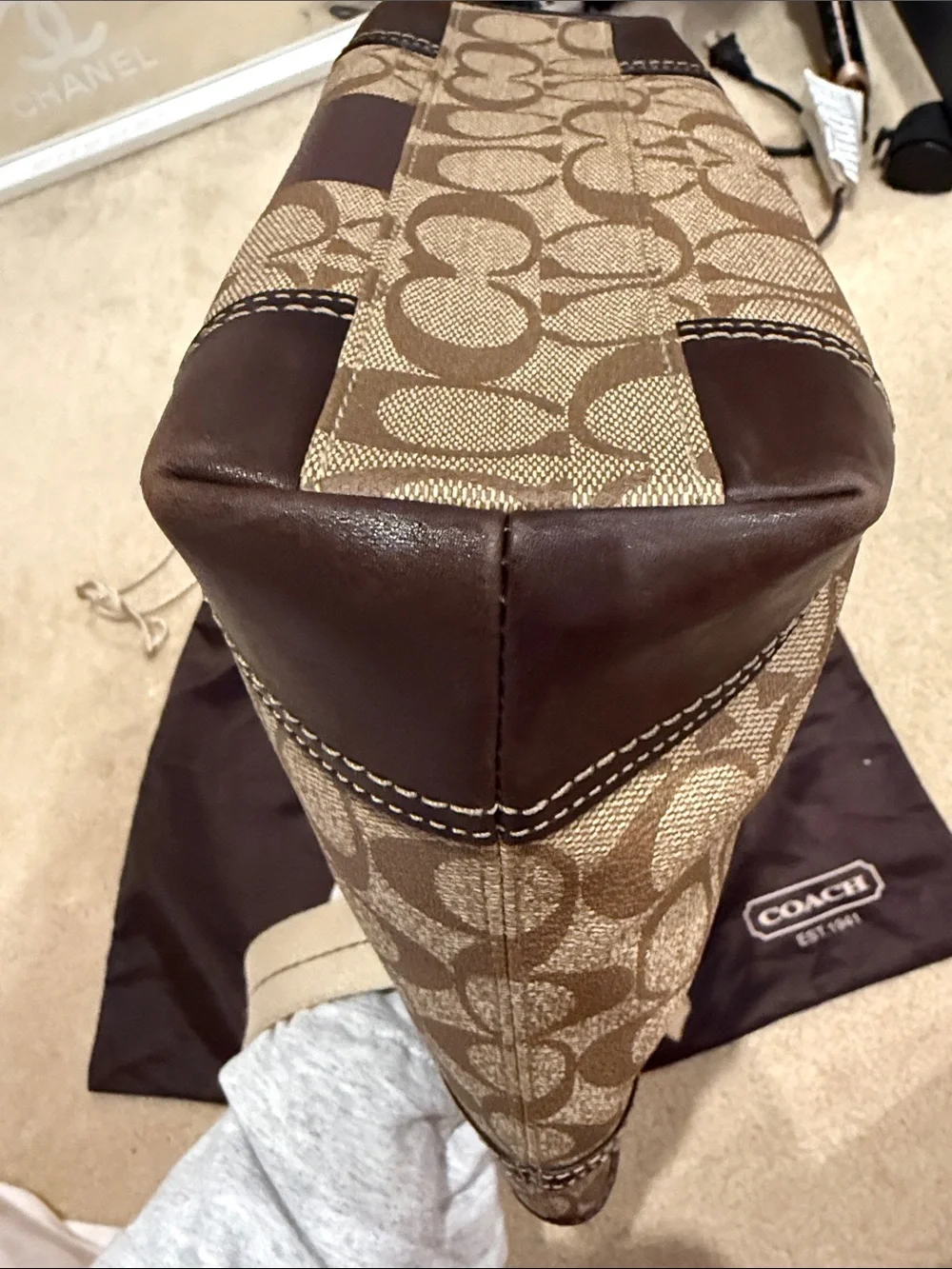COACH Brown Signature Canvas Tote with Red Logo Accent - Picture 7 of 8